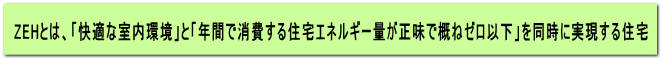 ZEHとは、「快適な室内環境」と「年間で消費する住宅エネルギー量が正味で概ねゼロ以下」を同時に実現する住宅